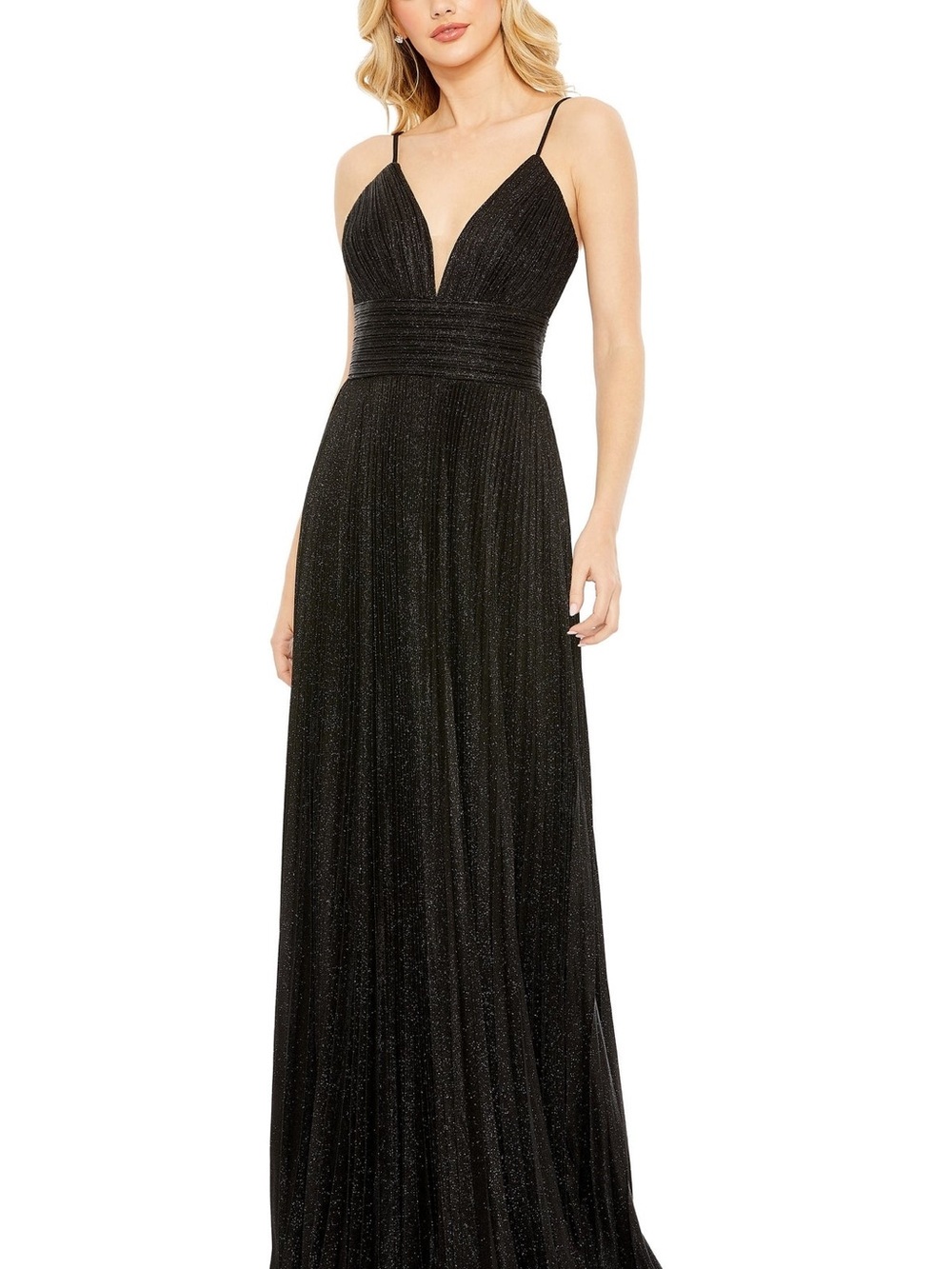 Mac Duggal Black Glitter Deep V Maxi Dress